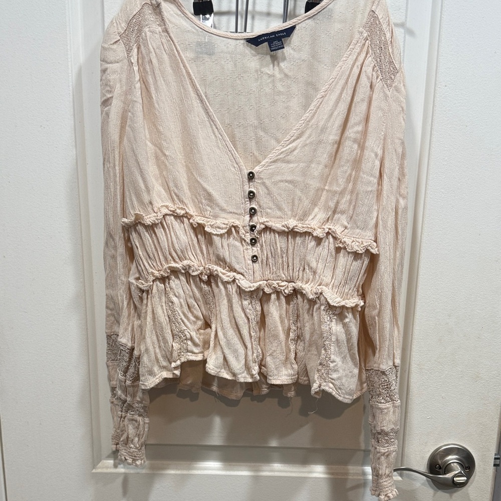 American Eagle Cream Long Sleeve Blouse with Button Detail